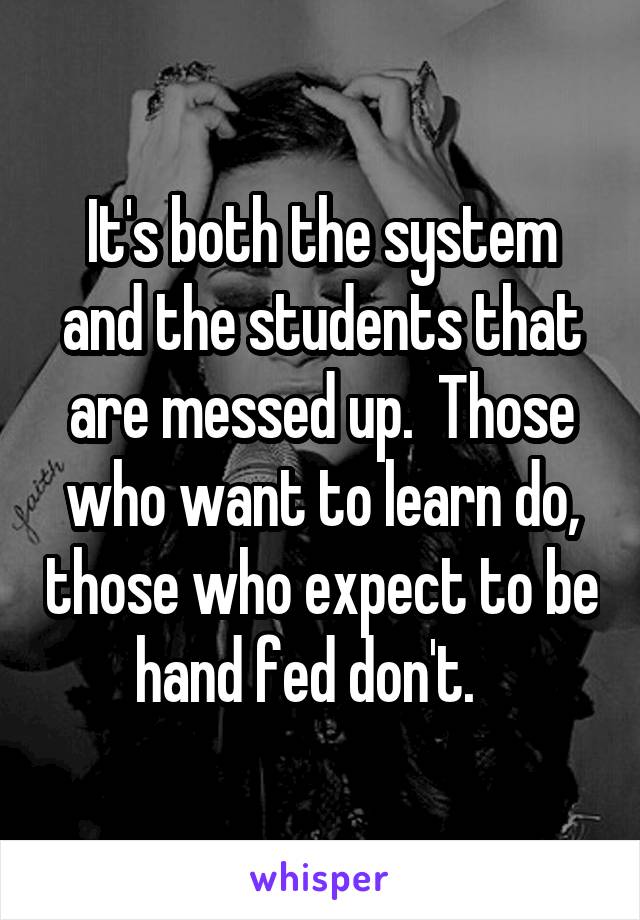 It's both the system and the students that are messed up.  Those who want to learn do, those who expect to be hand fed don't.   