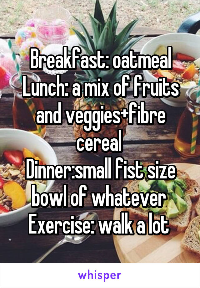 Breakfast: oatmeal
Lunch: a mix of fruits and veggies+fibre cereal 
Dinner:small fist size bowl of whatever 
Exercise: walk a lot 