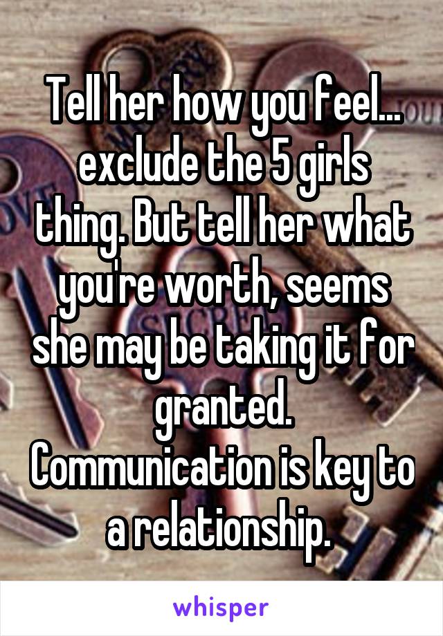 Tell her how you feel... exclude the 5 girls thing. But tell her what you're worth, seems she may be taking it for granted. Communication is key to a relationship. 