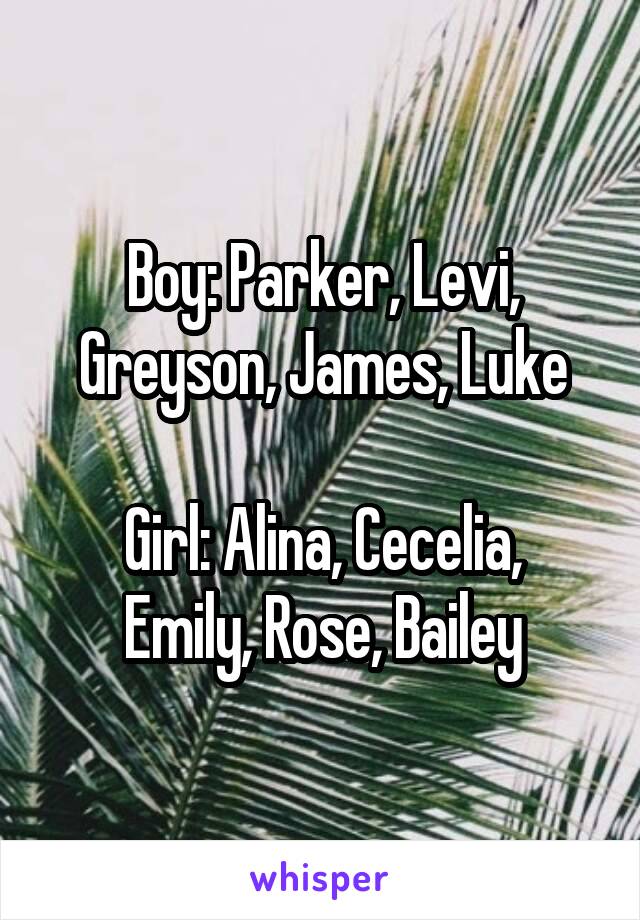 Boy: Parker, Levi, Greyson, James, Luke

Girl: Alina, Cecelia, Emily, Rose, Bailey