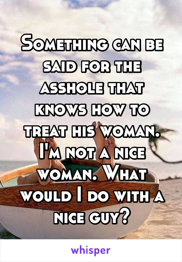 Something can be said for the asshole that knows how to treat his woman.
I'm not a nice woman. What would I do with a nice guy?