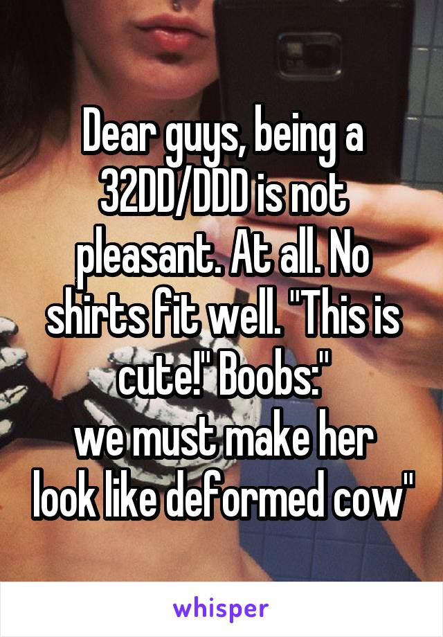 Dear guys, being a 32DD/DDD is not pleasant. At all. No shirts fit well. "This is cute!" Boobs:"
we must make her look like deformed cow"
