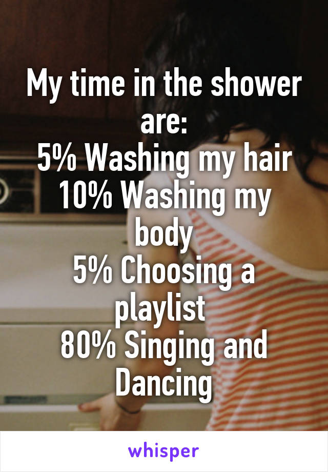 My time in the shower are:
5% Washing my hair
10% Washing my body
5% Choosing a playlist 
80% Singing and Dancing