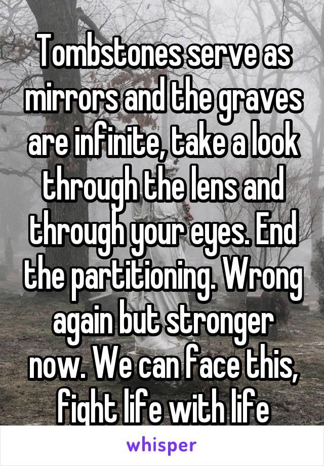 Tombstones serve as mirrors and the graves are infinite, take a look through the lens and through your eyes. End the partitioning. Wrong again but stronger now. We can face this, fight life with life