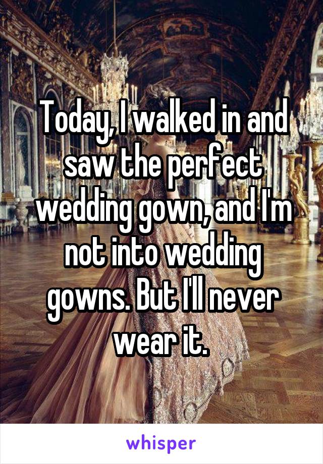 Today, I walked in and saw the perfect wedding gown, and I'm not into wedding gowns. But I'll never wear it. 