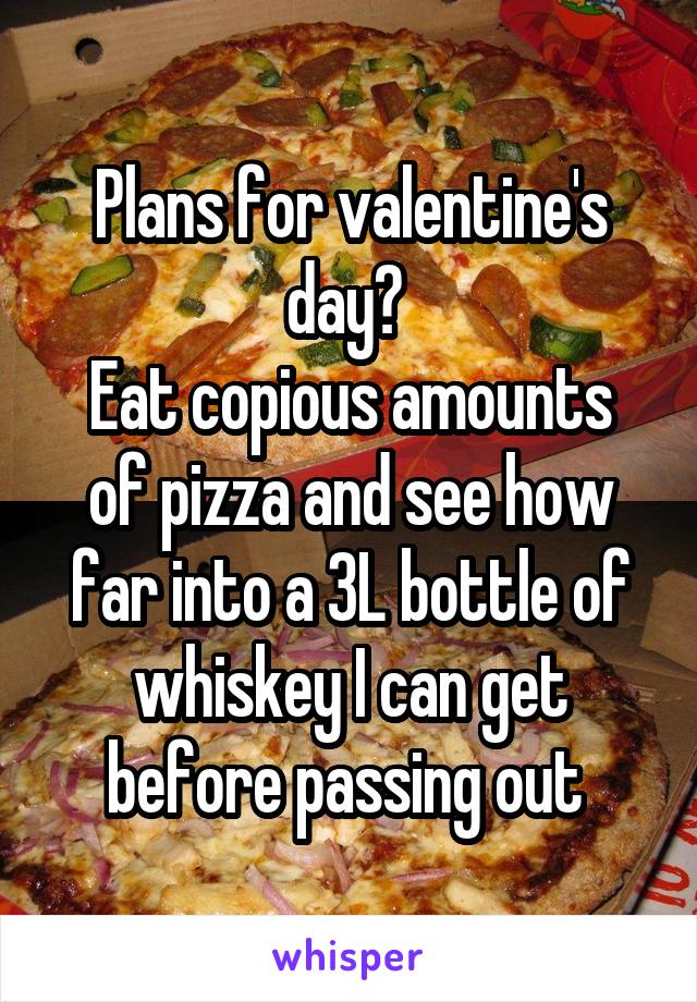 Plans for valentine's day? 
Eat copious amounts of pizza and see how far into a 3L bottle of whiskey I can get before passing out 