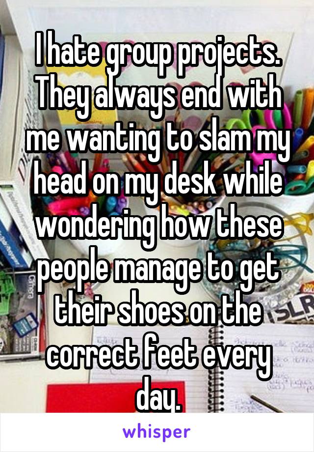 I hate group projects. They always end with me wanting to slam my head on my desk while wondering how these people manage to get their shoes on the correct feet every day.