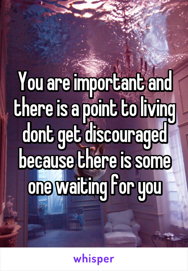 You are important and there is a point to living dont get discouraged because there is some one waiting for you