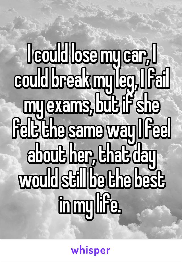 I could lose my car, I could break my leg, I fail my exams, but if she felt the same way I feel about her, that day would still be the best in my life. 