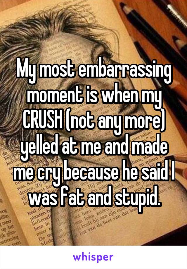 My most embarrassing moment is when my CRUSH (not any more) yelled at me and made me cry because he said I was fat and stupid.