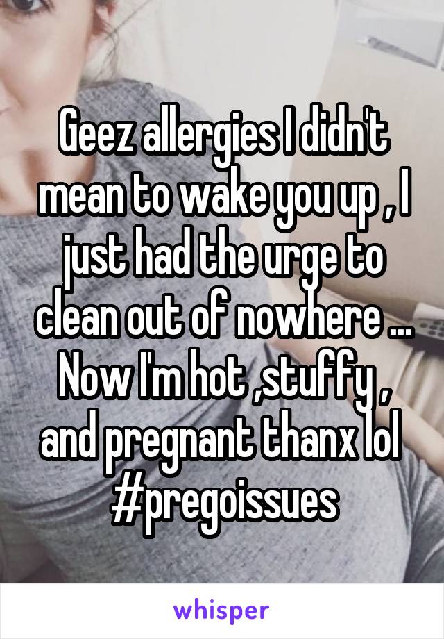 Geez allergies I didn't mean to wake you up , I just had the urge to clean out of nowhere ... Now I'm hot ,stuffy , and pregnant thanx lol 
#pregoissues