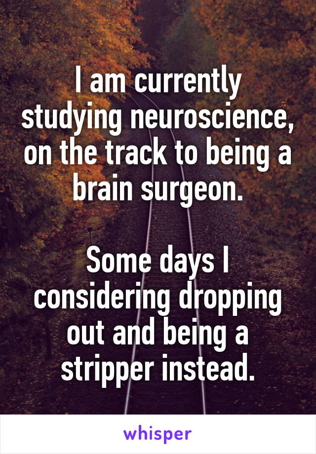 I am currently studying neuroscience, on the track to being a brain surgeon.

Some days I considering dropping out and being a stripper instead.