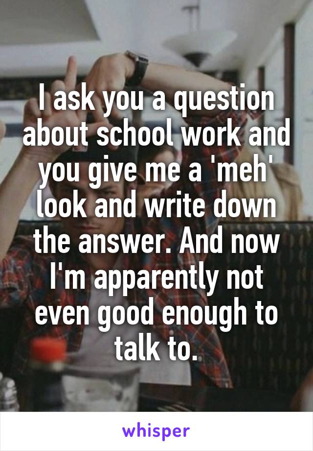 I ask you a question about school work and you give me a 'meh' look and write down the answer. And now I'm apparently not even good enough to talk to.