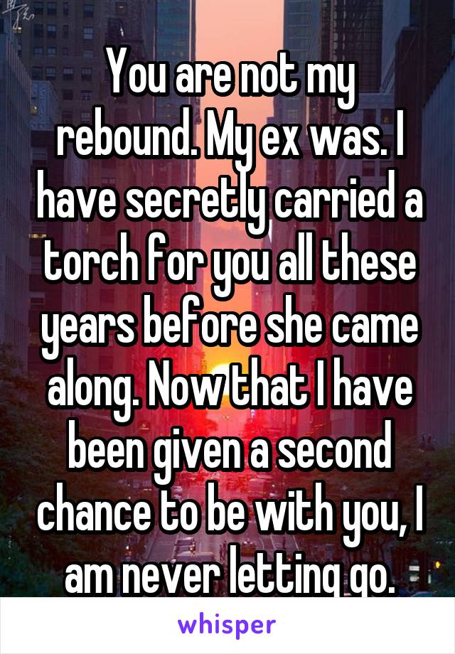 You are not my rebound. My ex was. I have secretly carried a torch for you all these years before she came along. Now that I have been given a second chance to be with you, I am never letting go.