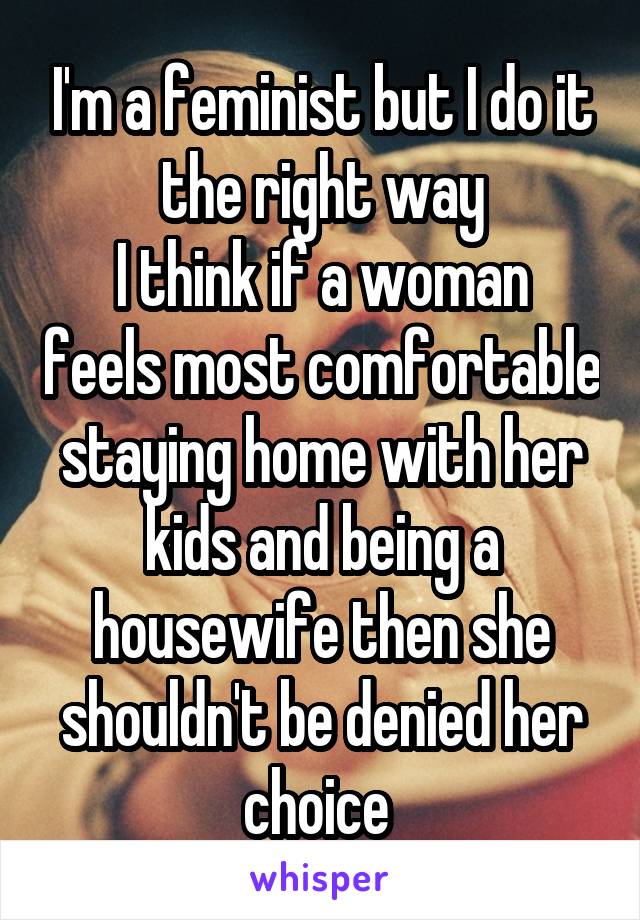 I'm a feminist but I do it the right way
I think if a woman feels most comfortable staying home with her kids and being a housewife then she shouldn't be denied her choice 