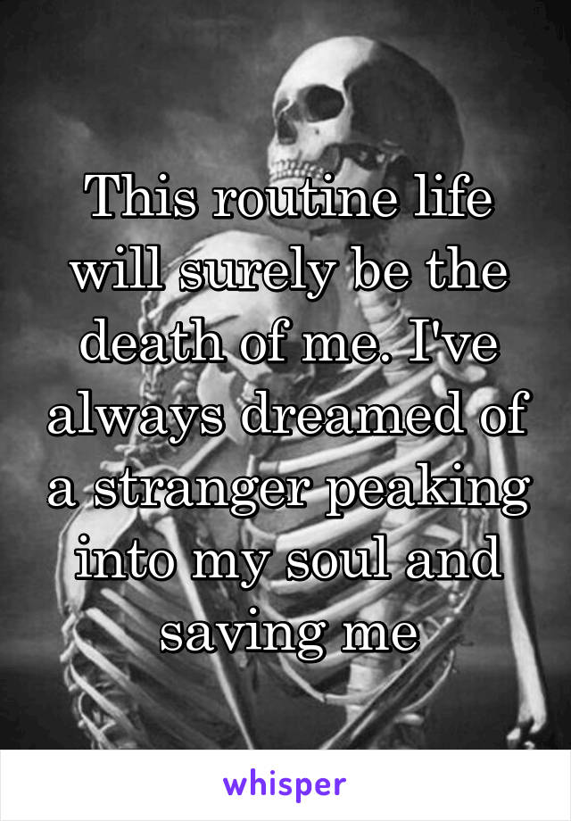 This routine life will surely be the death of me. I've always dreamed of a stranger peaking into my soul and saving me