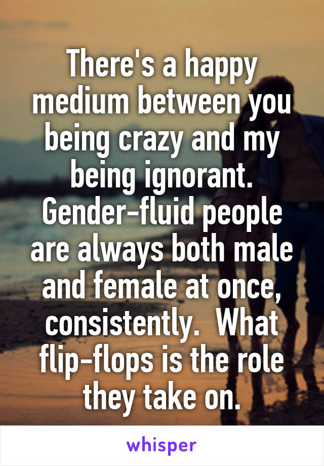There's a happy medium between you being crazy and my being ignorant.
Gender-fluid people are always both male and female at once, consistently.  What flip-flops is the role they take on.