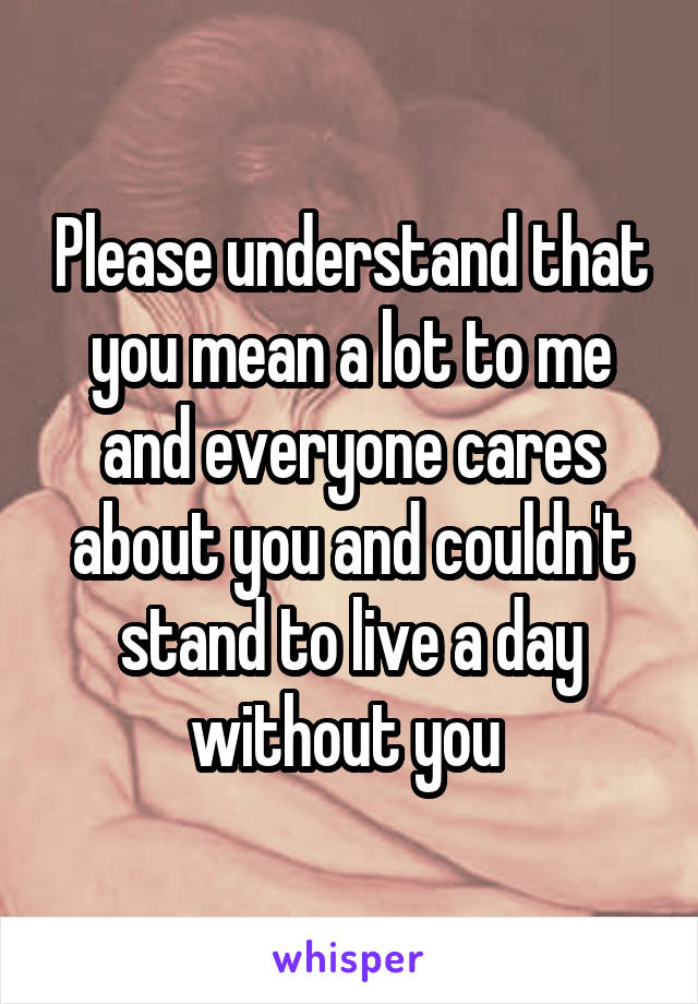 Please understand that you mean a lot to me and everyone cares about you and couldn't stand to live a day without you 