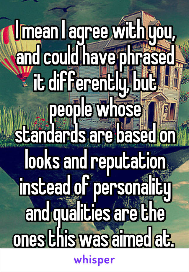 I mean I agree with you, and could have phrased it differently, but people whose standards are based on looks and reputation instead of personality and qualities are the ones this was aimed at. 
