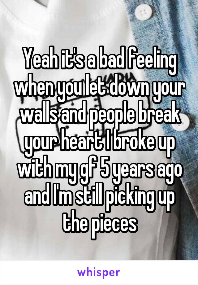 Yeah it's a bad feeling when you let down your walls and people break your heart I broke up with my gf 5 years ago and I'm still picking up the pieces