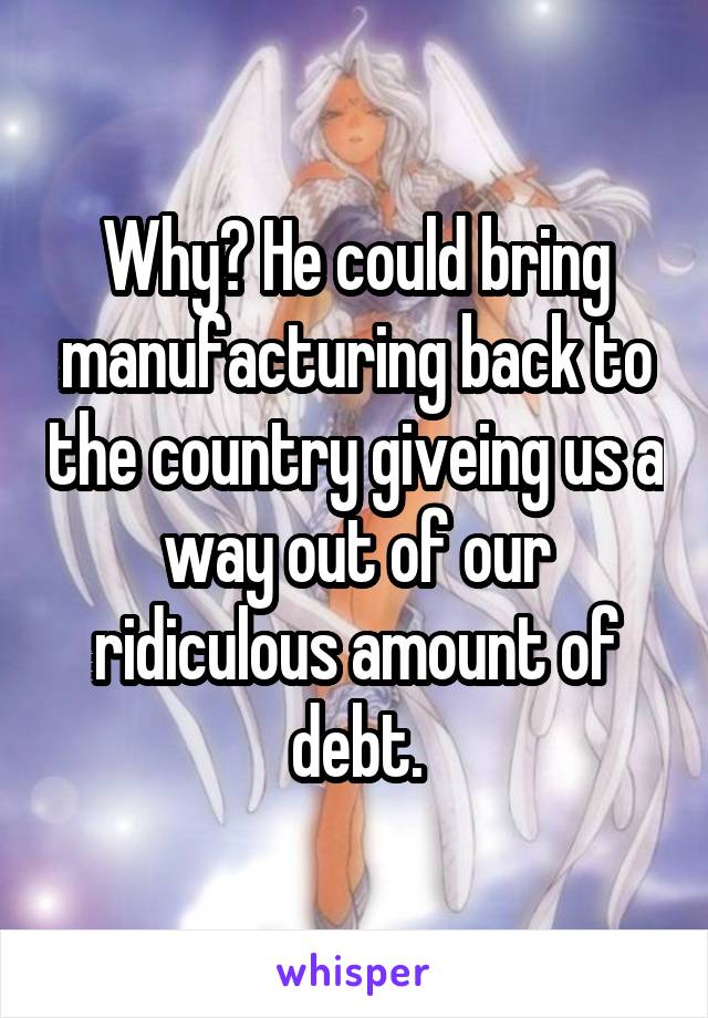 Why? He could bring manufacturing back to the country giveing us a way out of our ridiculous amount of debt.