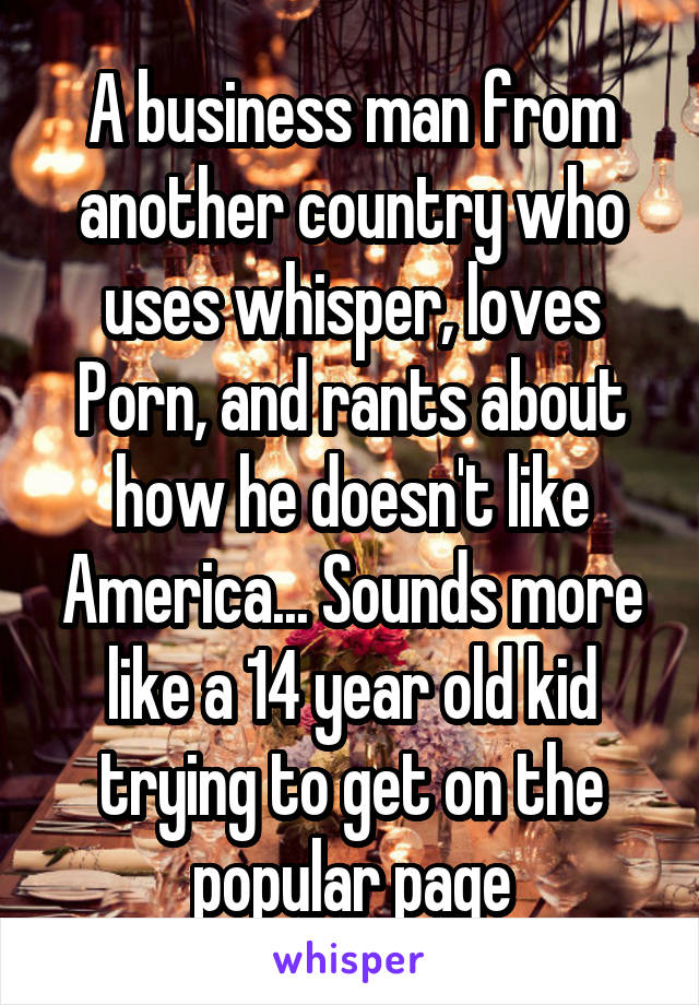 A business man from another country who uses whisper, loves Porn, and rants about how he doesn't like America... Sounds more like a 14 year old kid trying to get on the popular page