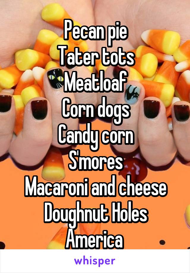 Pecan pie
Tater tots
Meatloaf
Corn dogs
Candy corn
S'mores
Macaroni and cheese
Doughnut Holes
America 