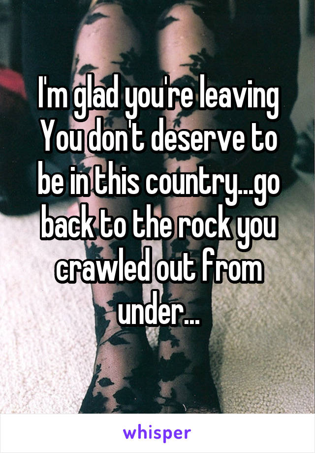 I'm glad you're leaving
You don't deserve to be in this country...go back to the rock you crawled out from under...
