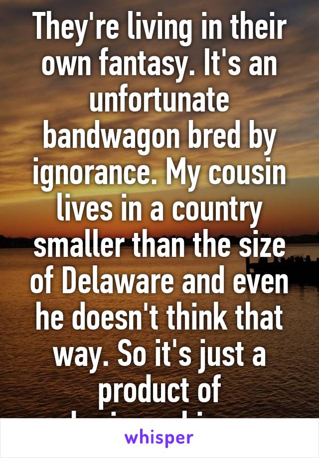 They're living in their own fantasy. It's an unfortunate bandwagon bred by ignorance. My cousin lives in a country smaller than the size of Delaware and even he doesn't think that way. So it's just a product of brainwashing. 