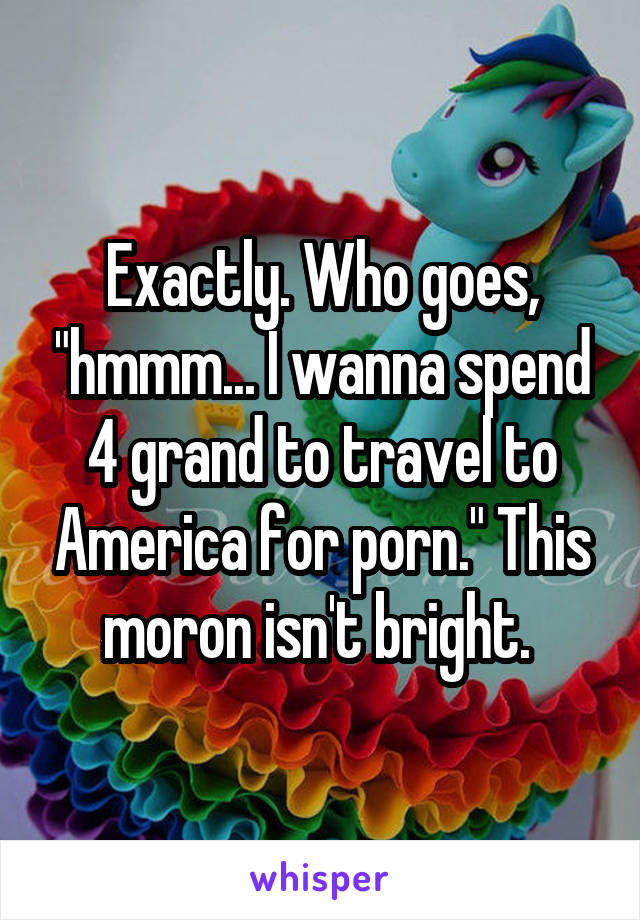 Exactly. Who goes, "hmmm... I wanna spend 4 grand to travel to America for porn." This moron isn't bright. 