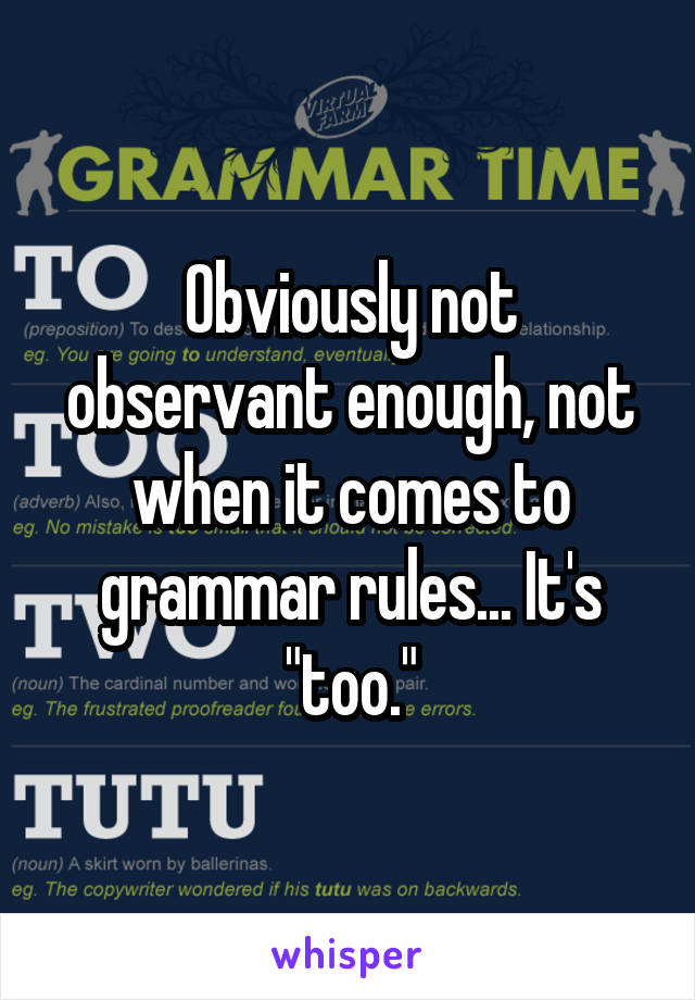 Obviously not observant enough, not when it comes to grammar rules... It's "too."