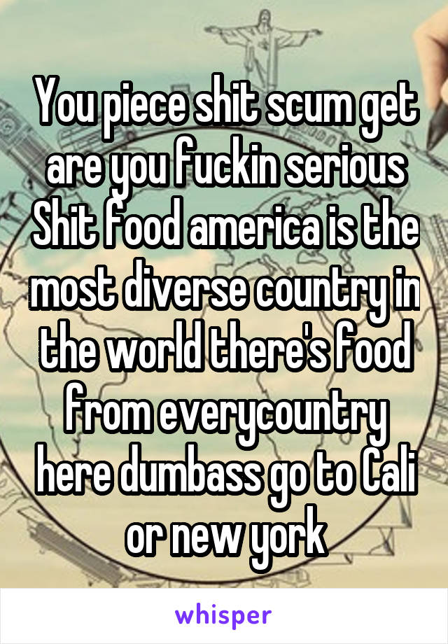 You piece shit scum get are you fuckin serious Shit food america is the most diverse country in the world there's food from everycountry here dumbass go to Cali or new york
