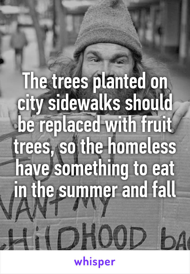 The trees planted on city sidewalks should be replaced with fruit trees, so the homeless have something to eat in the summer and fall