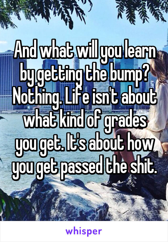 And what will you learn by getting the bump? Nothing. Life isn't about what kind of grades you get. It's about how you get passed the shit. 