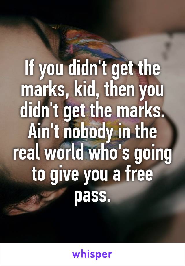 If you didn't get the marks, kid, then you didn't get the marks.
Ain't nobody in the real world who's going to give you a free pass.