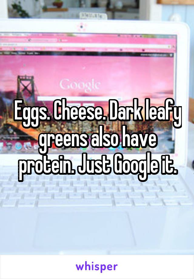Eggs. Cheese. Dark leafy greens also have protein. Just Google it.