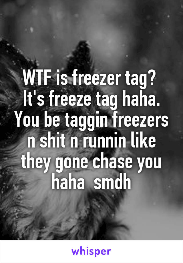 WTF is freezer tag?  It's freeze tag haha. You be taggin freezers n shit n runnin like they gone chase you haha  smdh