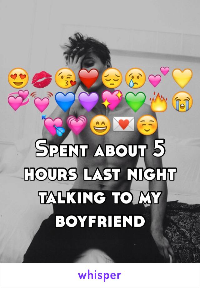 😍💋😘❤️😔😢💕💛💞💓💙💜💖💚🔥😭💘💗😄💌☺️
Spent about 5 hours last night talking to my boyfriend 