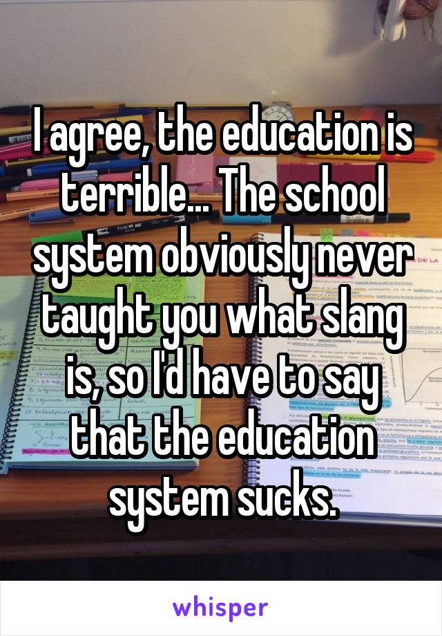 I agree, the education is terrible... The school system obviously never taught you what slang is, so I'd have to say that the education system sucks.