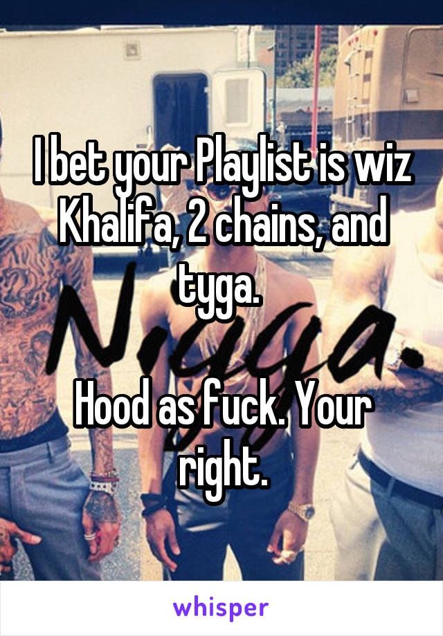 I bet your Playlist is wiz Khalifa, 2 chains, and tyga. 

Hood as fuck. Your right.