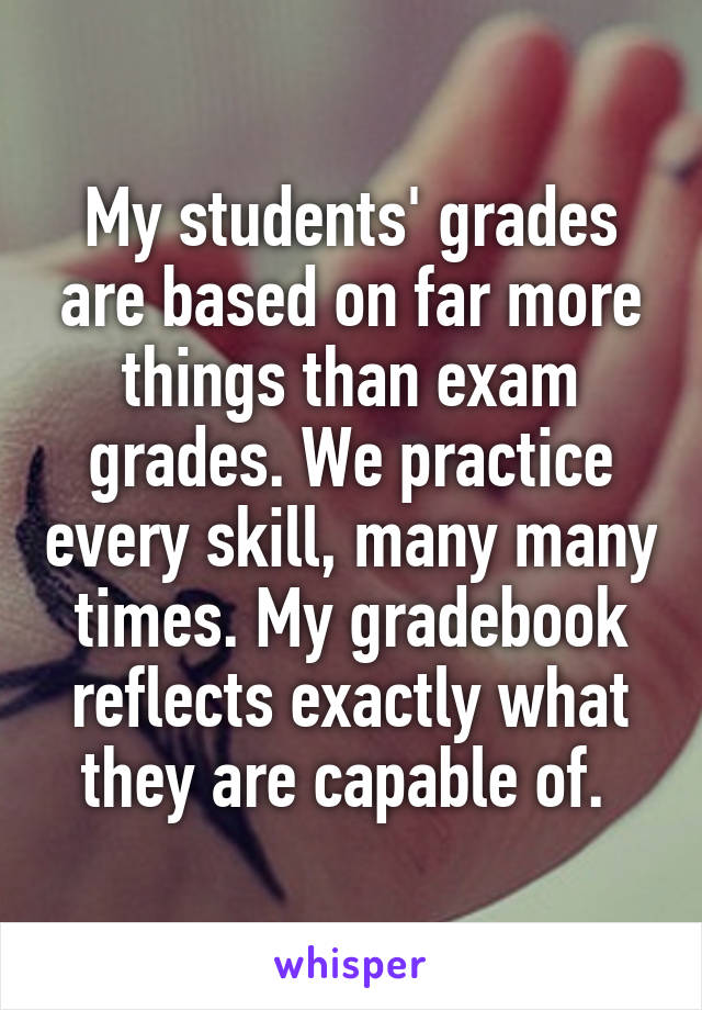 My students' grades are based on far more things than exam grades. We practice every skill, many many times. My gradebook reflects exactly what they are capable of. 