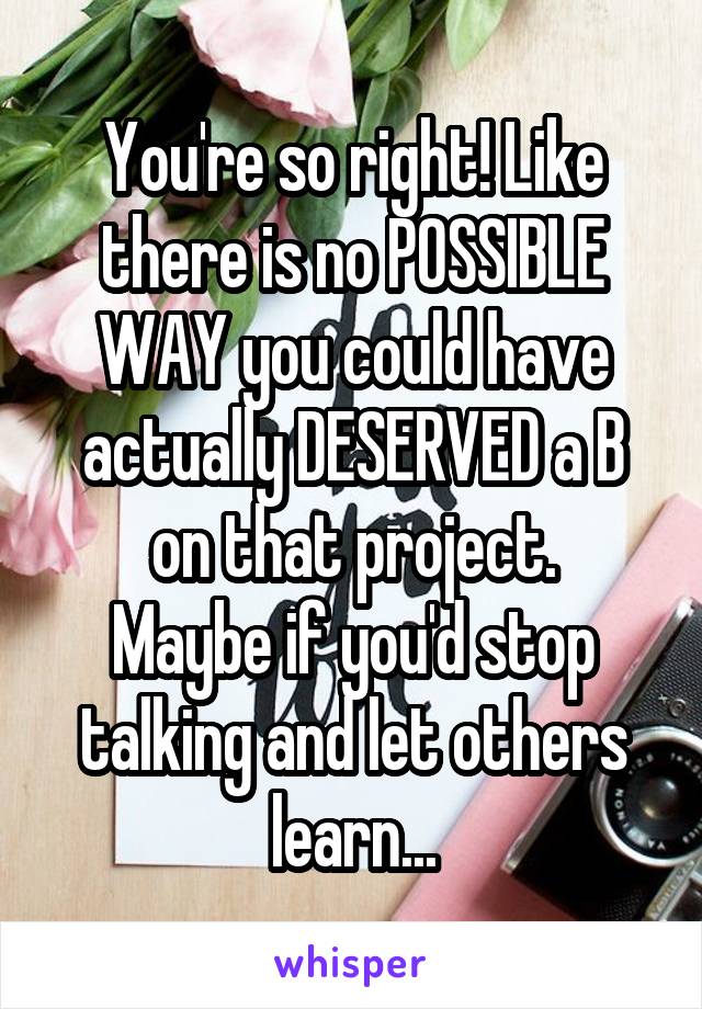 You're so right! Like there is no POSSIBLE WAY you could have actually DESERVED a B on that project.
Maybe if you'd stop talking and let others learn...