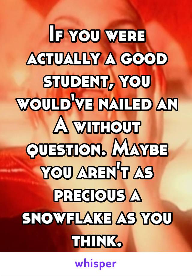 If you were actually a good student, you would've nailed an A without question. Maybe you aren't as precious a snowflake as you think.