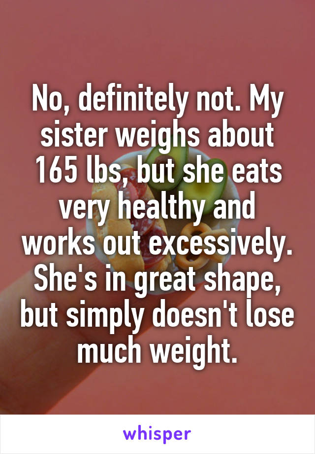 No, definitely not. My sister weighs about 165 lbs, but she eats very healthy and works out excessively. She's in great shape, but simply doesn't lose much weight.