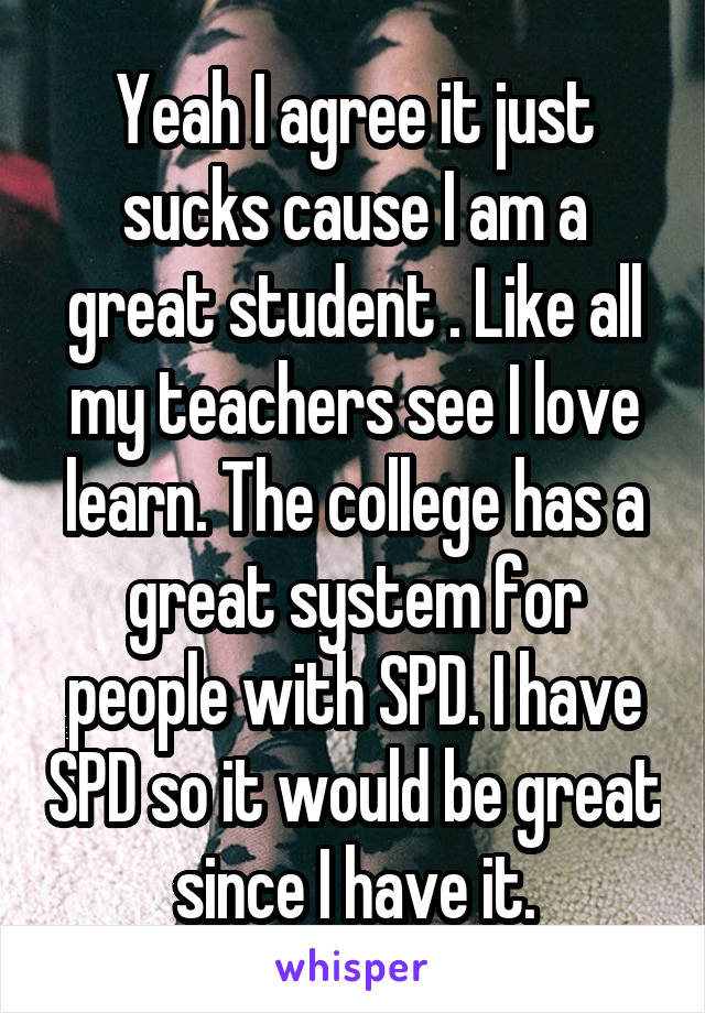 Yeah I agree it just sucks cause I am a great student . Like all my teachers see I love learn. The college has a great system for people with SPD. I have SPD so it would be great since I have it.