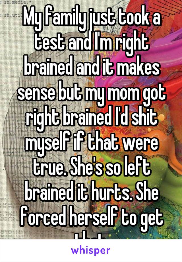 My family just took a test and I'm right brained and it makes sense but my mom got right brained I'd shit myself if that were true. She's so left brained it hurts. She forced herself to get that.