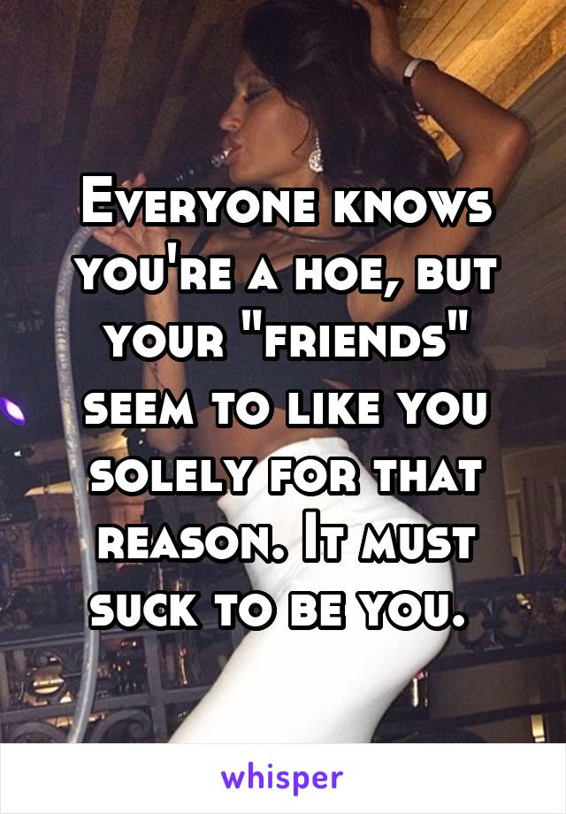 Everyone knows you're a hoe, but your "friends" seem to like you solely for that reason. It must suck to be you. 