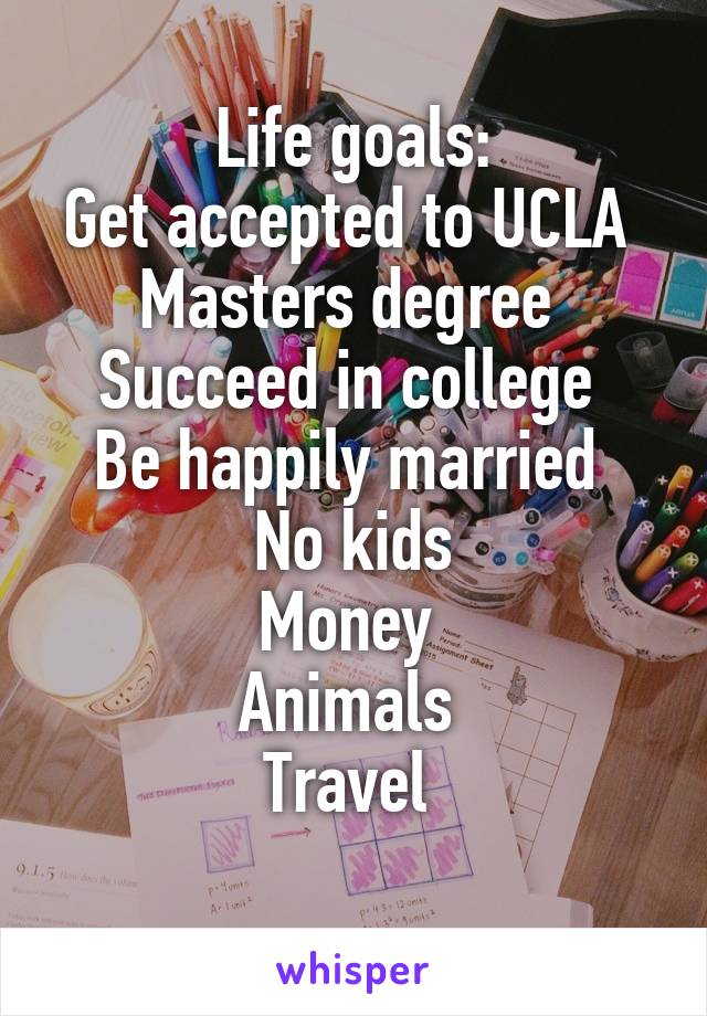 Life goals:
Get accepted to UCLA 
Masters degree 
Succeed in college 
Be happily married 
No kids
Money 
Animals 
Travel 
