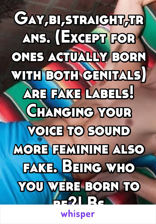 Gay,bi,straight,trans. (Except for ones actually born with both genitals) are fake labels! Changing your voice to sound more feminine also fake. Being who you were born to be?! Bs