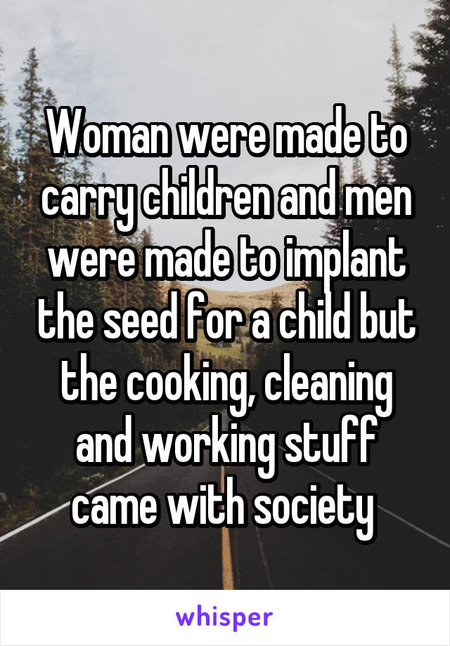 Woman were made to carry children and men were made to implant the seed for a child but the cooking, cleaning and working stuff came with society 